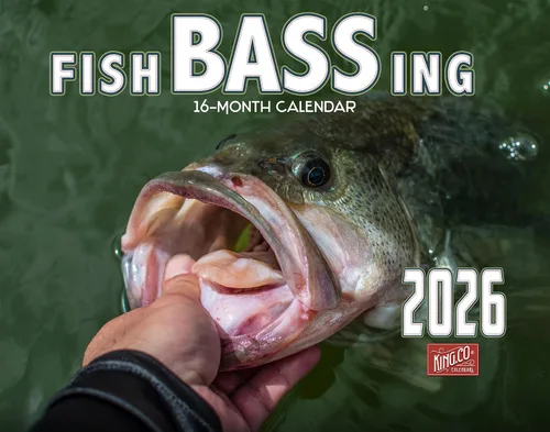 Calendario de pared de pesca de lubina 2026, 16 meses, tamaño XL, 14 x 22, trofeo de agua dulce boca larga y lubina de boca pequeña, calendarios The