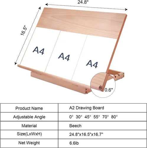 Miniatura 2 de Tablero Grande de Dibujo y Bocetos para Artistas, Mesa de Dibujo Caballete de Madera Ajustable de 6 Posiciones, 24.8" L x 16.5" A (A2) Caballete