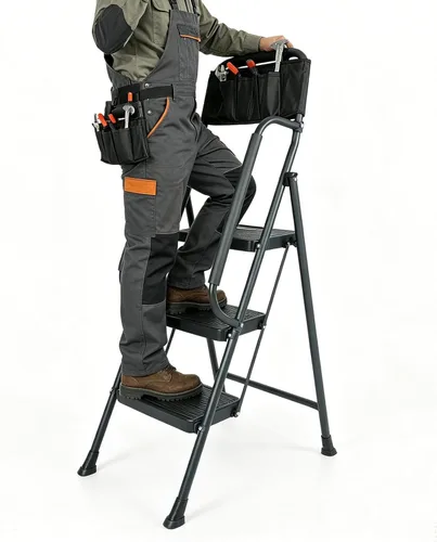 Escalera de 3 escalones con pasamanos de seguridad, taburete plegable resistente con pedales anchos antideslizantes y pies, capacidad de 500 libras