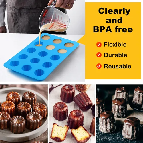Miniatura 6 de Sidosir Molde de silicona para canele pequeño, 15 cavidades, mini molde antiadherente de silicona para hornear panecillos, moldes antiadherentes