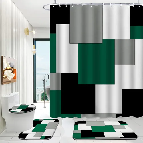 Juego de baño verde con cortina de ducha y alfombras, juego de baño geométrico de 4 piezas con alfombras, incluye cortina de ducha con 12 ganchos,