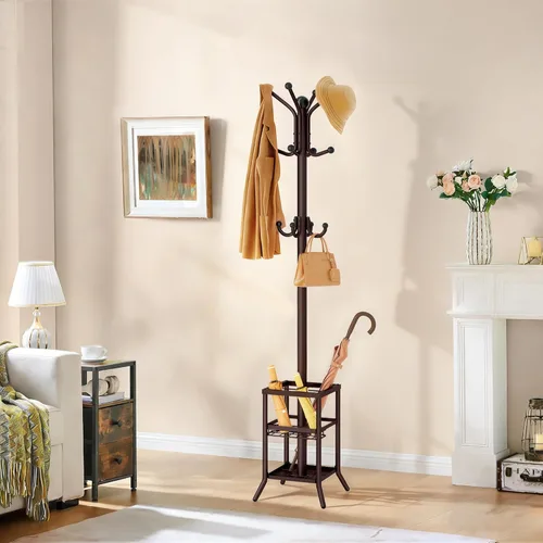Miniatura 9 de FAVOOSTY Perchero independiente, soporte de perchero con portaparaguas, árbol de abrigos de metal con 12 ganchos, árbol de ropa y sombrero