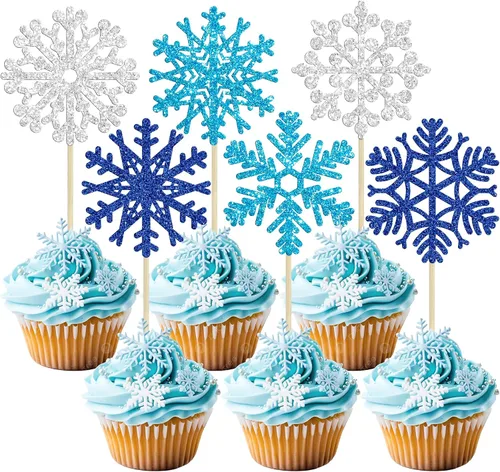 Miniatura 16 de 24 piezas de adornos para cupcakes de copo de nieve, copo de nieve azul con purpurina, adornos para cupcakes de invierno, adornos para pasteles