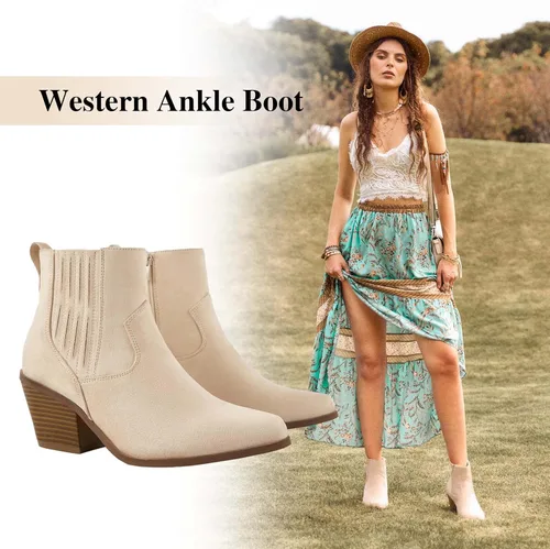 Miniatura 3 de TINSTREE Botines occidentales para mujer, puntera puntiaguda, tacón medio, estilo Chelsea con cremallera lateral, elástico