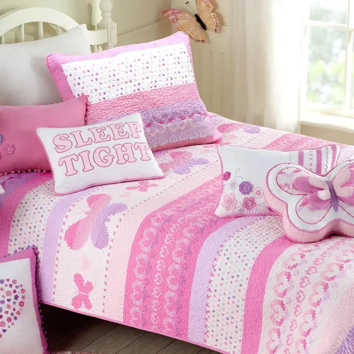 Cozy Line Home Fashions Juego de edredón de ropa de cama de 100% algodón suave con lindas mariposas rosadas a rayas y corazones, colcha, cubrecama