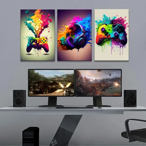 Miniatura 3 de Framed 3 Piece Game Room Decorative Wall Art Color Video Game Handle Earphone Graffiti Theme Poster Neon Light Poster Print Picture Children Youth