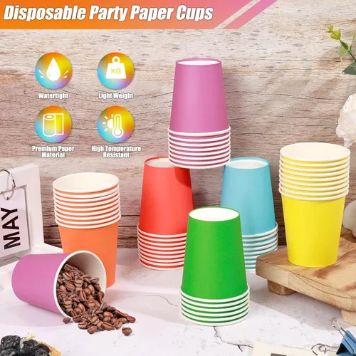 Miniatura 3 de KesaPlan 60 vasos de papel desechables de 9 onzas, vasos de plástico para fiestas, vasos de papel arcoíris, 6 colores para bebidas frías calientes