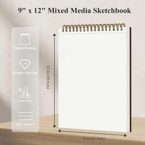 Miniatura 2 de Cuaderno de bocetos para medios mixtos de 9" x 12" - Cuaderno de bocetos multimedia de tapa dura, encuadernado en espiral, 60 hojas de papel