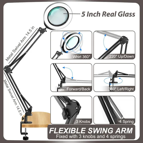 Miniatura 5 de VEEMAGNI Lupa grande de cristal real de 12 x 5 pulgadas con luz y soporte, 5 modos de color regulable, brazo giratorio largo LED abrazadera lámpara