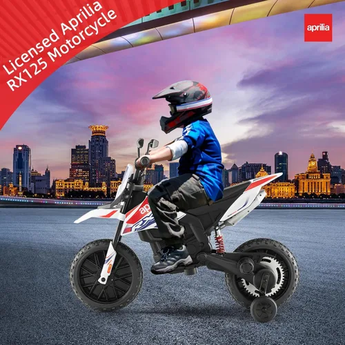 Miniatura 9 de INFANS Motocicleta para niños de 12 V, con licencia Aprilia RX125, motocicleta de montar para niños pequeños con ruedas de entrenamiento, suspensión