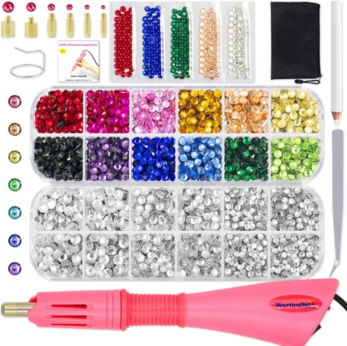 Worthofbest Hot Fix - Kit de herramientas aplicadoras de diamantes de imitación, 3400 piezas de diamantes de imitación de vidrio de 3/4/0.197 in,
