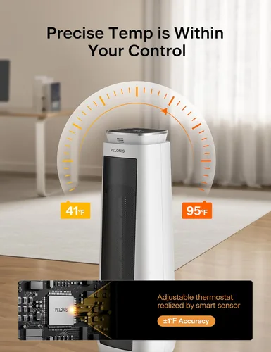 Miniatura 7 de PELONIS Calentador de espacio de torre cerámica oscilante de 23" con control remoto y termostato, calentador de piso eléctrico eficiente Blanco
