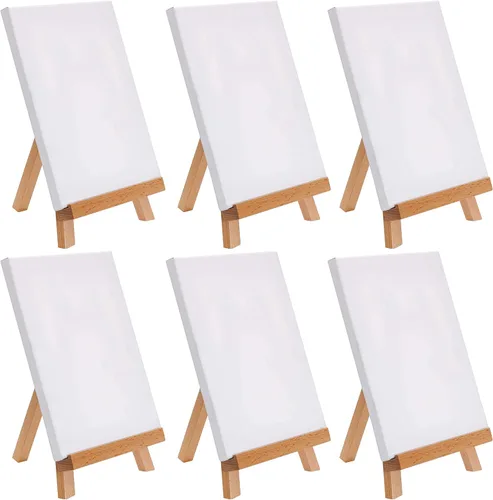 US Art Supply - Lienzo estirado de 8 x 8 pulgadas con caballete de mesa pequeño de madera de 10.5 pulgadas (paquete de 6) para pintura y soporte de