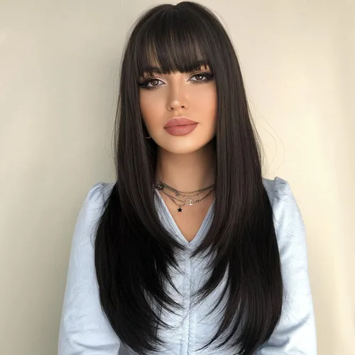 Miniatura 2 de 7JHH WIGS - Peluca de cabello sintético largo y liso con flequillo para mujer, aspecto natural (22 pulgadas, té negro)
