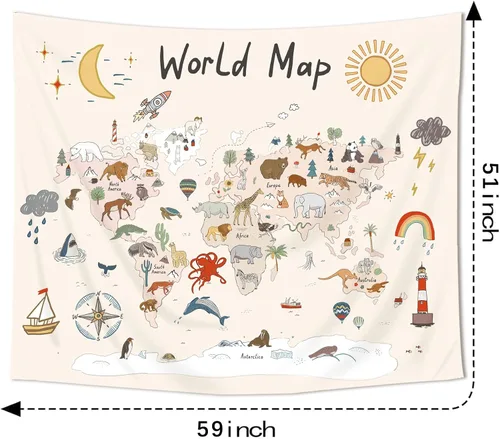 Miniatura 5 de Imirell Tapiz de mapa del mundo para niños, 59 pulgadas de ancho x 51 pulgadas de alto, lindo animal de dibujos animados, herramienta de aprendizaje