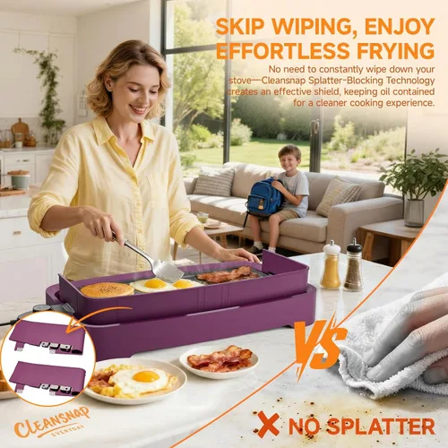 Miniatura 6 de Cleansnap - Plancha eléctrica diaria, gran regalo para fiestas familiares, parrilla antiadherente de 20 pulgadas con escudo plegable