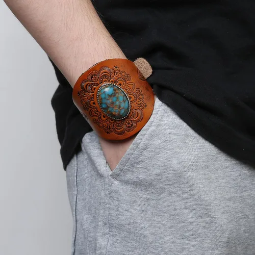 Miniatura 2 de HZMAN Pulsera de cuero turquesa vintage, ajustable, punk, girasol, para hombres y mujeres