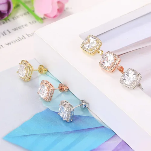 Miniatura 3 de Udalyn 6 pares de aretes tipo halo para mujer chapados en oro blanco de 18 quilates y oro rosa redondos cuadrados con circonita cúbica brillante