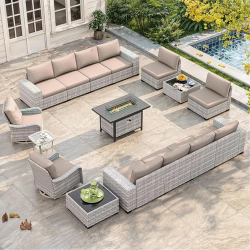 Miniatura 38 de Juego de muebles de mimbre para patio al aire libre de 3 piezas, sillas de patio giratorias mecedoras con respaldo alto con cojines gruesos de 4