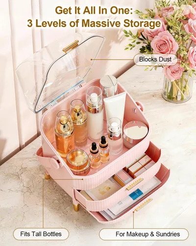Miniatura 2 de Organizador de maquillaje con cajones y tapa, estuche portátil grande de almacenamiento de cosméticos para encimera de tocador, viajes, regalo
