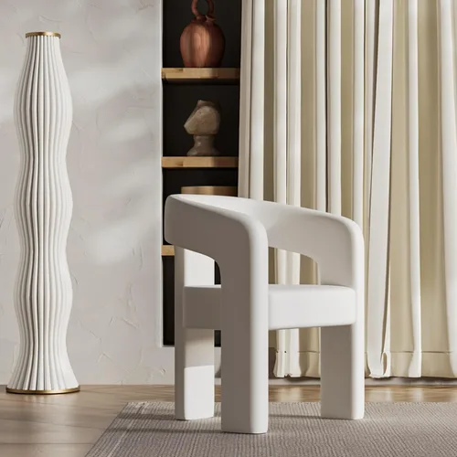 Miniatura 4 de Silla moderna de comedor en barril, silla de cocina acentuada tapizada en cuero sintético con brazos, silla lateral cómoda para sala de blanco