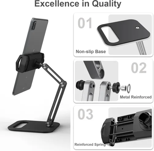 Miniatura 6 de Soporte ajustable para tablet de 360° para escritorio, soporte de brazo de tableta de aleación de aluminio compatible con iPad Pro/Air/Mini, Kindle