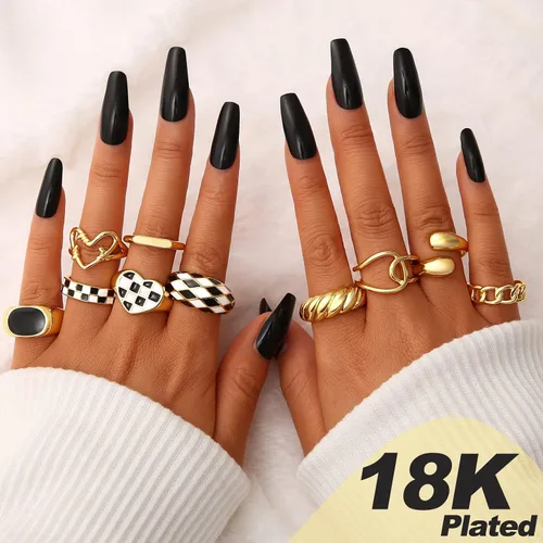 Miniatura 2 de FAXHION Juego de 10 anillos gruesos de oro de 18 quilates para mujeres y niñas, anillos trenzados chapados en oro, apilables, anillos midi, anillos
