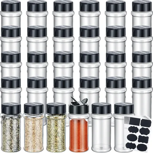 Eccliy Paquete de 36 frascos de plástico transparente de 3 onzas para especias con etiqueta y tapas agitadoras, botellas vacías para especias,
