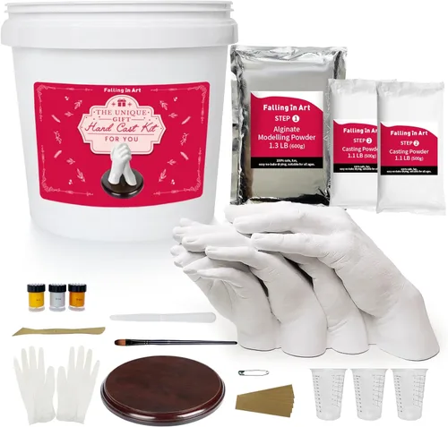 Falling in Art Kit de fundición a mano para parejas, kit de molde de mano de yeso de recuerdo para familia, niños, adultos con cubo grande, guantes,