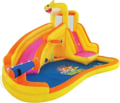 Miniatura 7 de Funormous Baby Shark - Casa de rebote con tobogán húmedo o seco, tobogán acuático inflable Pink Fong, diversión de tobogán acuático curvo