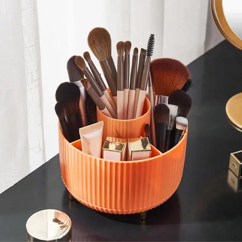 Miniatura 9 de Organizador para brochas de maquillaje, organizador de brochas de maquillaje giratorio 360°, taza con 5 ranuras para brochas de maquillaje