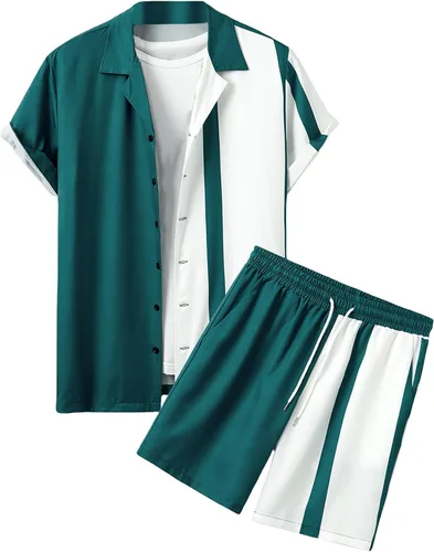 GORGLITTER Conjunto de camisas y pantalones cortos para hombre, camisas de manga corta con botones y pantalones cortos con cordón, color verde y