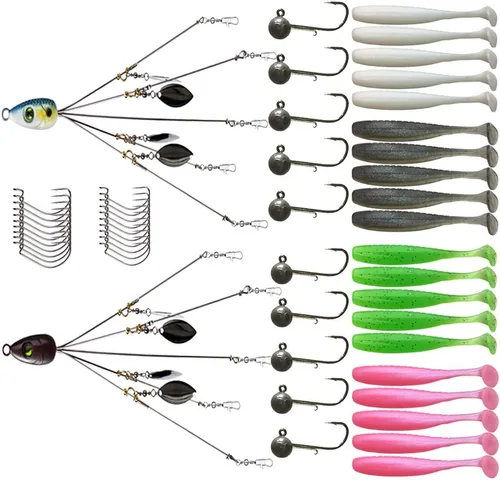 5 Arms Alabama Rig Fishing Lure, Umbrella Rig with Spinner for Striper, A-Rig for Boat Trolling Frashwater/Saltwater, with Soft Swimbait and Hooks