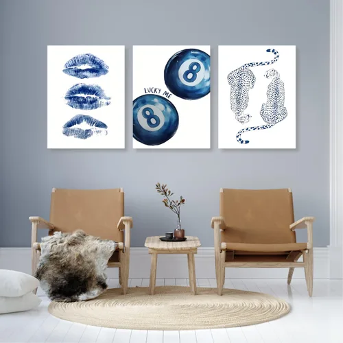 Miniatura 4 de GELDSTEI Arte de Pared de Guepardo Azul Preppy, Imágenes Estéticas Retro de Bola 8 Azul Marino, Obra de Arte en Lienzo Envuelto de Labios de Beso