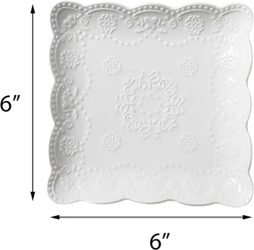 Miniatura 4 de Jusalpha Juego de 4 platos cuadrados de cerámica de encaje en relieve, juego de platos de pasta/ensalada/postre, lavavajillas, microondas, juego