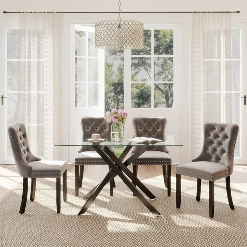 Miniatura 99 de Juego de comedor de 3 piezas con superficie de vidrio transparente, juego de comedor cuadrado minimalista moderno de 36'', juego de mesa de cocina