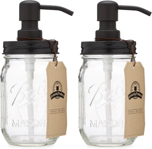 Jarmazing Products - Dispensador de jabón en frasco Mason - Negro - con frasco Mason Ball de 16 onzas - Hecho de acero inoxidable a prueba de óxido