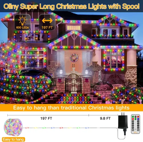 Miniatura 2 de Ollny Luces de Navidad para exteriores, 600 LED de 197 pies, luces multicolor para árbol de Navidad IP67, luces de hadas enchufables con control