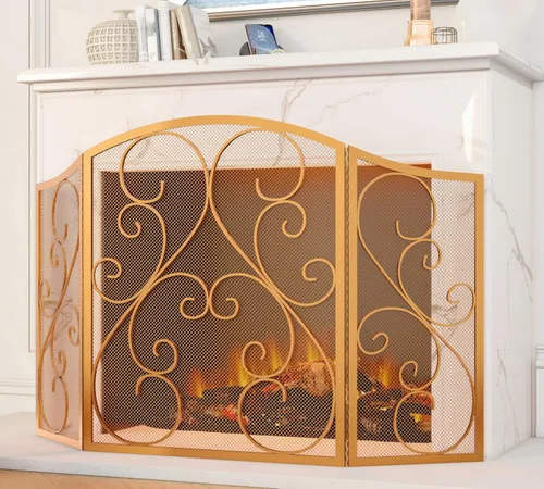 Miniatura 5 de Fire Beauty Pantalla de Chimenea de 3 Paneles de Hierro Forjado Metálico 48"(L) x 30"(H) Protector contra Chispas (Acabado Dorado)