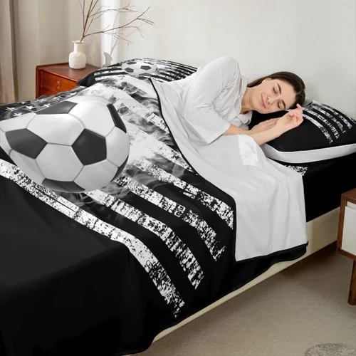 Miniatura 3 de Juego de sábanas de fútbol tamaño individual para niños y niñas, juego de sábanas de bandera estadounidense, juego de ropa de cama con bandera