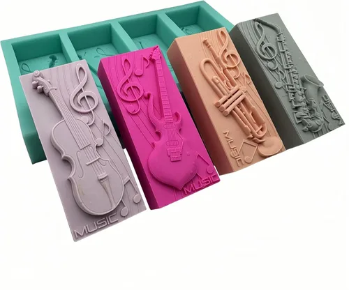 Molde de jabón de silicona musical de 4 cavidades, cera perfumada, resina de yeso, manualidades, molde de silicona, guitarra, bajo, trompeta,