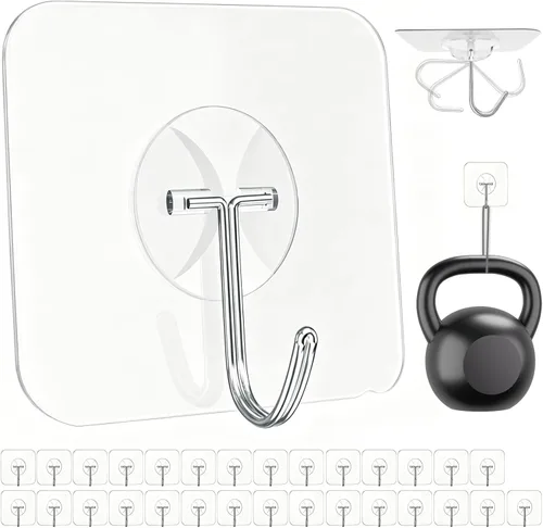 Miniatura 12 de Ganchos adhesivos grandes para colgar, 44 libras (máx.), paquete de 30 unidades, ganchos de pared sin clavos, autoadhesivos, transparentes