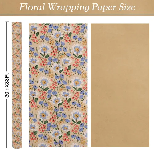 Miniatura 2 de Aimyoo - Rollo de papel de regalo floral Kraft - Rollo jumbo - 30 pulgadas x 33 pies - Papel de regalo vintage con flores para todas las ocasiones