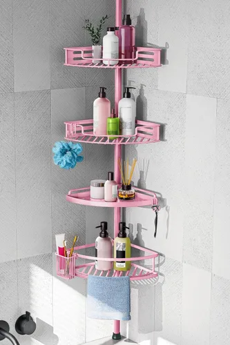Miniatura 9 de HAMITOR Organizador de Ducha de Esquina con Poste de Tensión: Instalación Rápida de 4 Niveles Resistente al Óxido, Estantes Organizadores de Baño