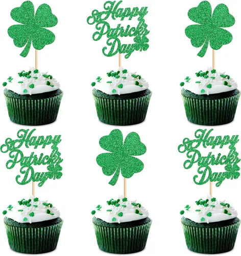Miniatura 9 de Juego de 1 palillos para tartas de trébol, decoración de trébol con purpurina verde dorada para cumpleaños, baby shower, suministros de fiesta