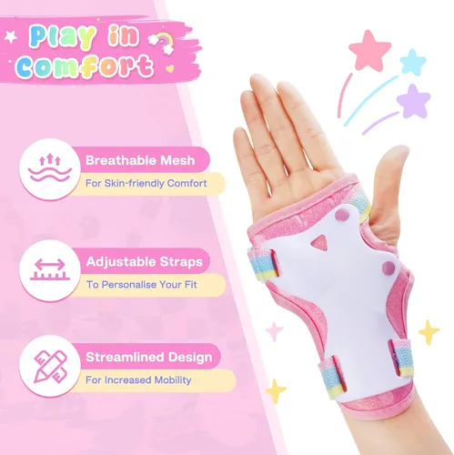 Miniatura 4 de Patines para niños (unicornio arcoíris, S) + juego de equipo de protección rosa con bolsa de cordón (S)