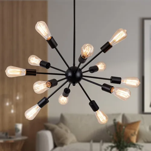 LIGHTDAMY Lámparas de araña Sputnik negras, lámpara colgante moderna de 12 luces estilo granja de mediados de siglo, iluminación industrial vintage,
