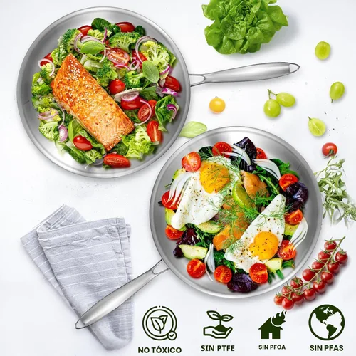 Miniatura 6 de EWFEN Sartén de acero inoxidable de tres capas de 12 pulgadas, compatible con todas las estufas de hasta 600 ℉, sartén grande con tapas, sartén