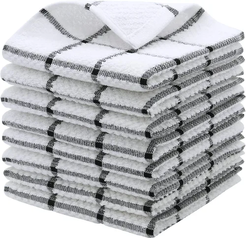Toallas de algodón para cocina, paños de felpa para lavar platos, 12 x 12 pulgadas, ligeros y suaves, trapos de secado rápido para limpiar, 8 Negro