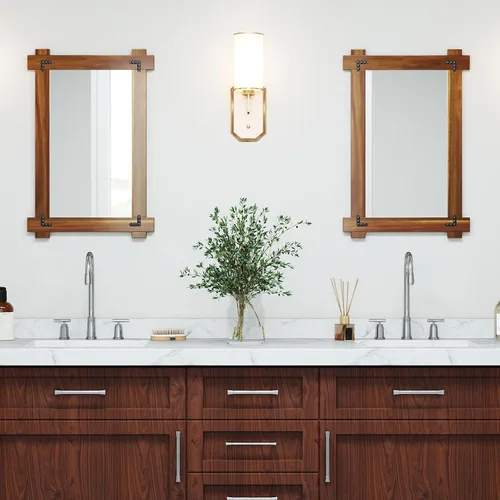 Miniatura 3 de Tangkula Espejo con marco de madera, 30 x 20 pulgadas, espejo de pared inastillable con marco de madera de acacia y diseño de remaches vintage